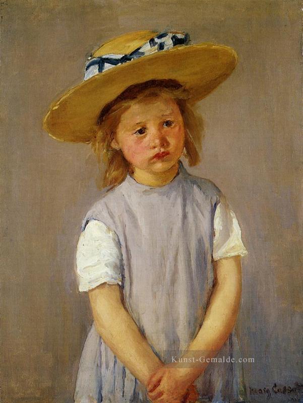 Kleines Mädchen in einem großen Strohhut und einem Pinnafore Mütter Kinder Mary Cassatt Ölgemälde